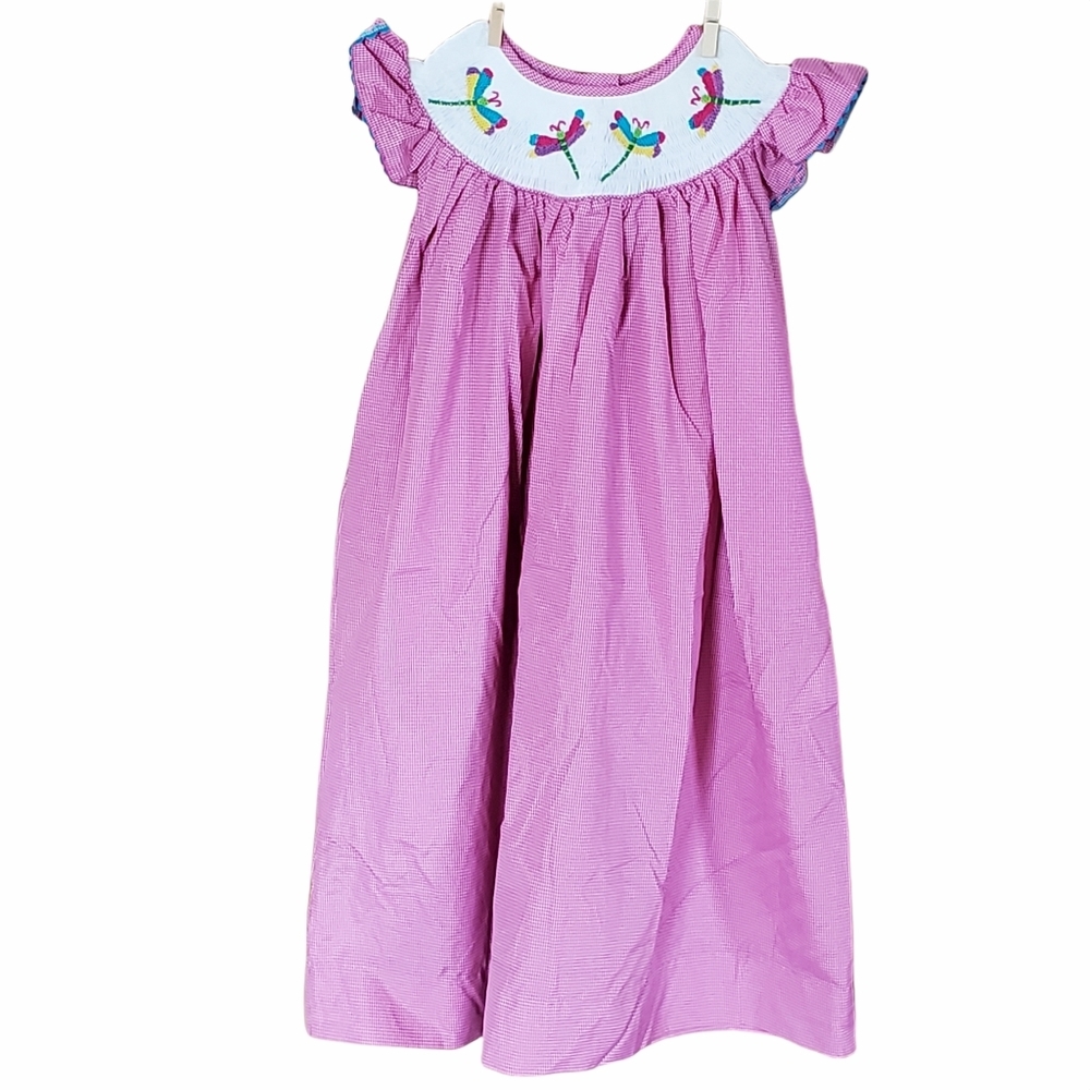Molly Pop Girls Size 5 Pink White Checkered Dress Smocked Neck Dragonflies